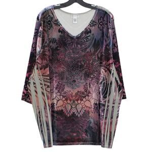 Catherines Velvet Tunic Top Floral Abstract Boho V Neck 3/4 Sleeve Plus Size 3X